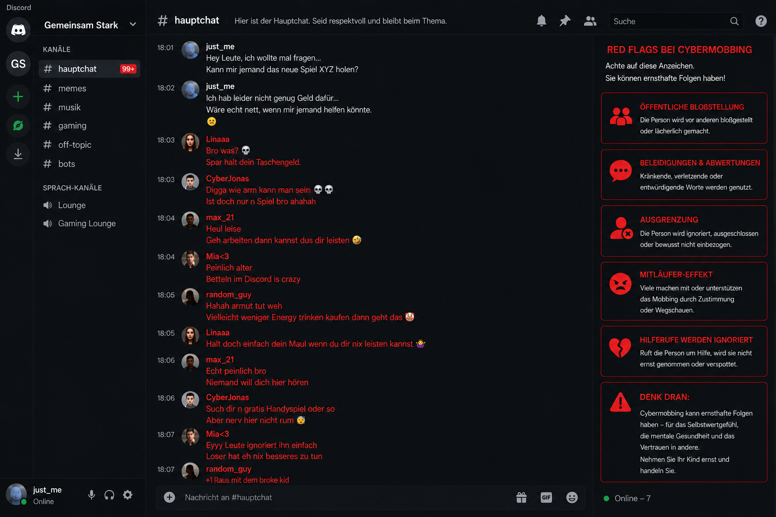Discord-Chat: Beispielhafter Cybermobbing-Verlauf mit markierten Red Flags