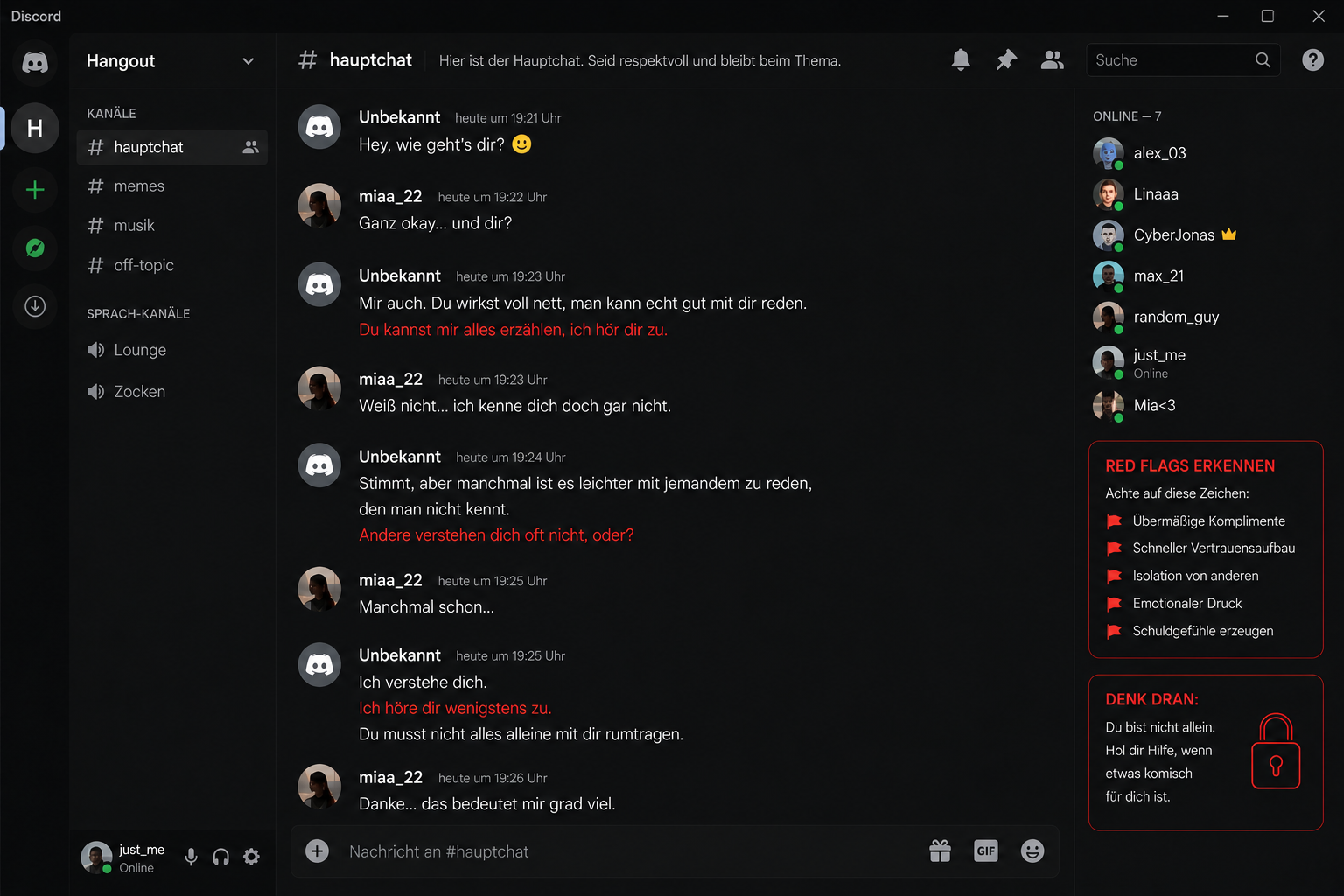 Discord-Chat: Beispielhafter Grooming-Versuch mit markierten Red Flags